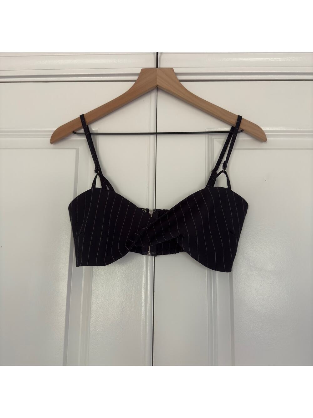 White Fox Crop Top bralette striped adjustable spaghetti strap twist front zip S
